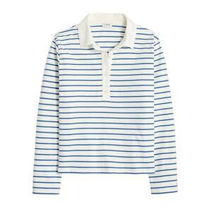J.Crew XS Ivory Blue Stripe Collared Long Sleeve Polo Cotton Knit Top